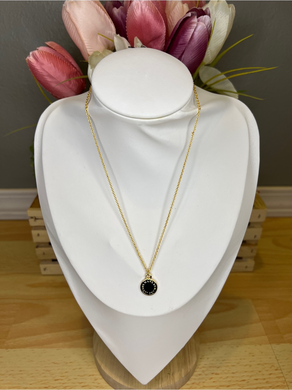 Marc by Marc Jacobs Black Enamel Disc Gold Necklace